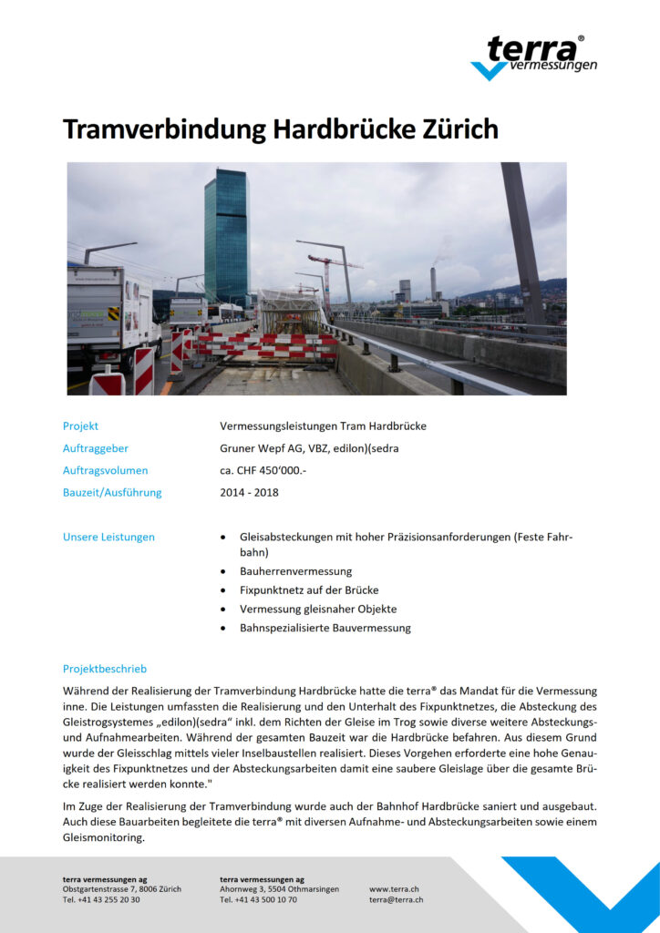 terra vermessungen ag projekte vermessungsleistungen tramlinie hardbruecke zuerich referenzblatt