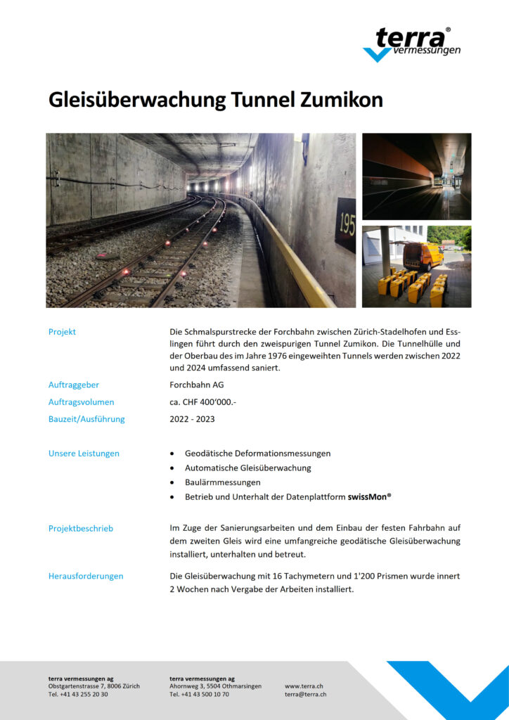 terra vermessungen ag projekte gleisueberwachung tunnel zumikon referenzblatt